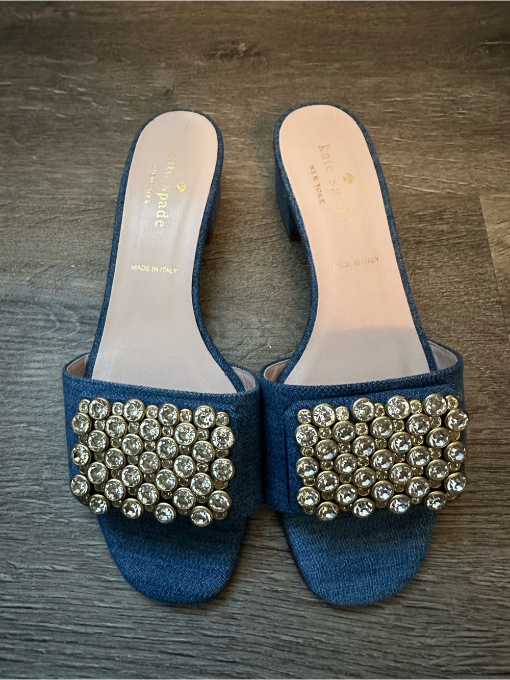 kate spade light Blue Denim Slide Mules with Crystal Accents
